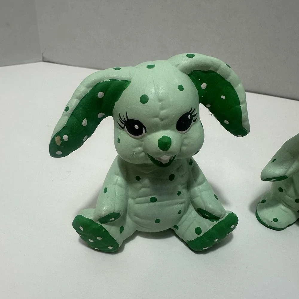 3 pc Ceramic Bunny Rabbit Figurines Big‎ Eyed Ears Stuffed Stitched Hand Painted